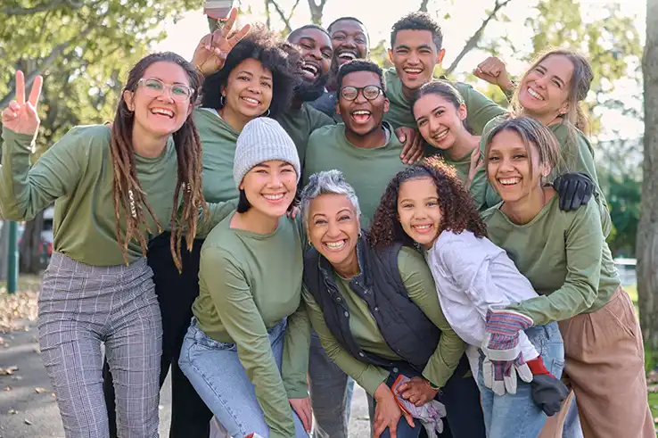 Community and portrait of people cleaning park